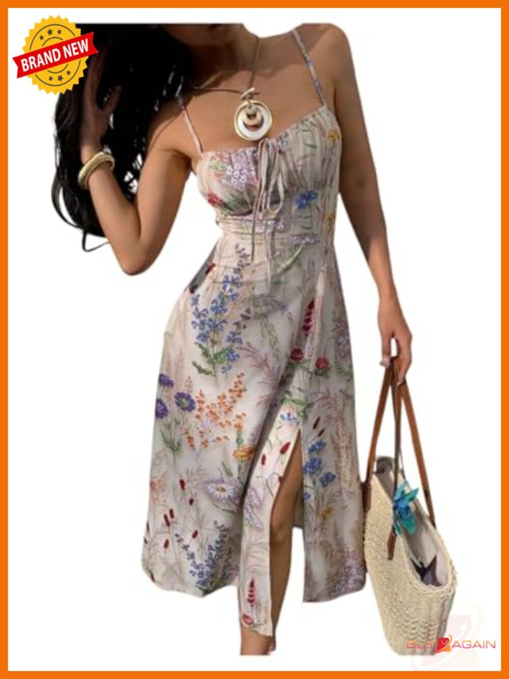 Summer Split Thigh Spaghetti Strap Cami Midi Floral Dress